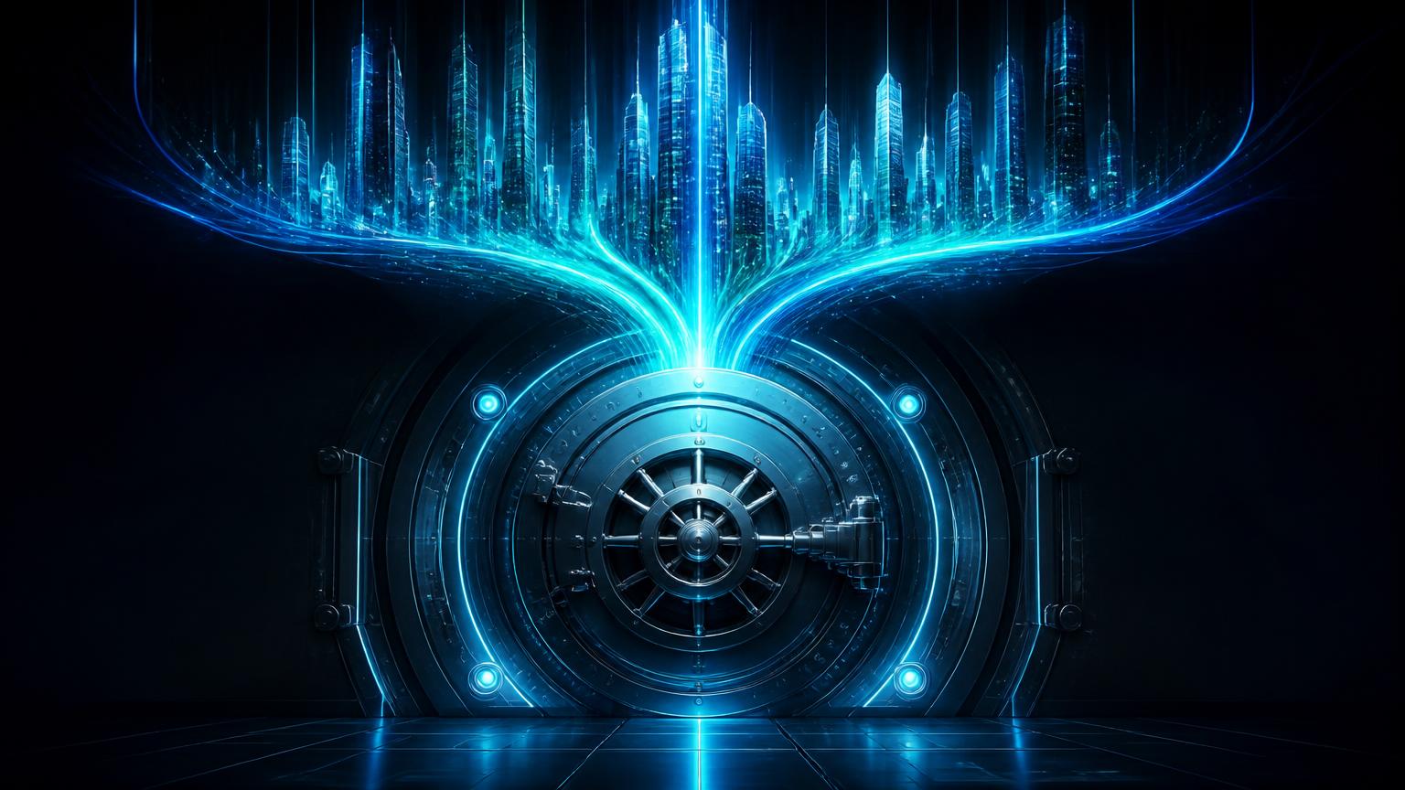 Glowing VaultX vault channelling digital assets upward into a luminous skyline